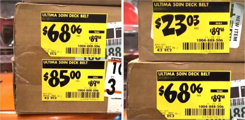 Price tags from all three stages of the price-reduction cycle