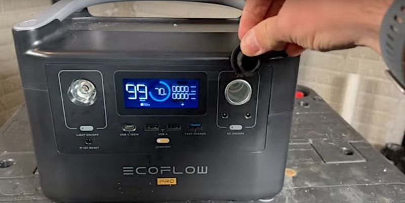 Control panel, USB inputs, and cigarette lighter of Ecoflow River Pro portable power station